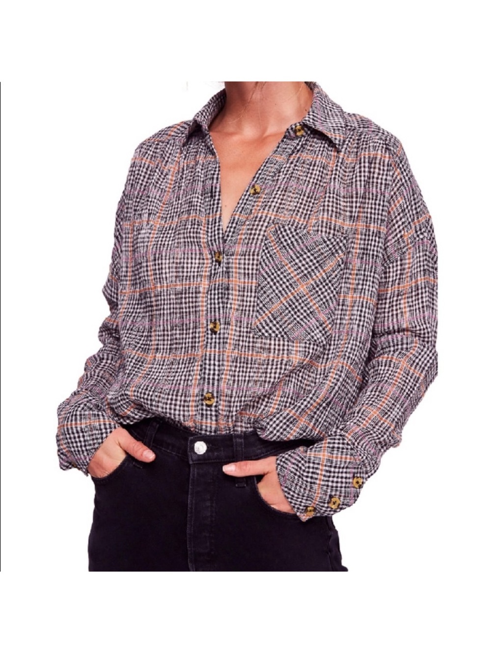 Free People Plaid Button Down Oversized Top Size XS